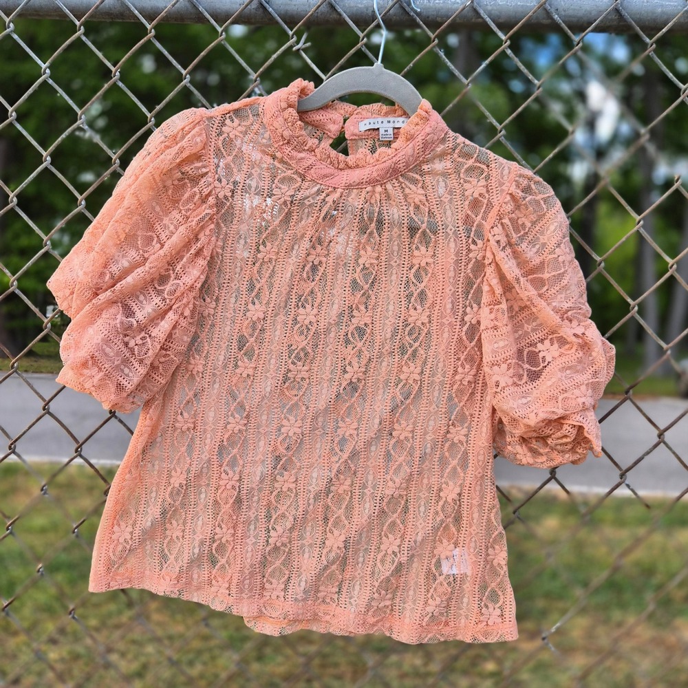 Haute Monde Peach Floral Lace Sheer Puff Sleeve Mock Neck Blouse Whimsygoth M